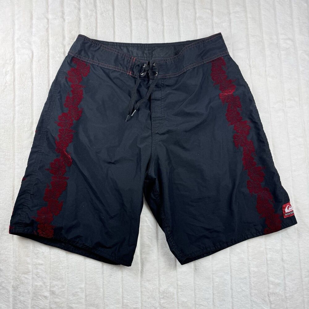 VTG Quicksilver Board Shorts Men’s 34 Velvet Red Hibiscus Floral Patch Made USA